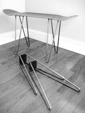 Hairpin Legs | Skateboard legs - could use to make a console table or a bench with a piece of wood instead of a skateboard. Skateboard Furniture, Hairpin Table, Wooden Benches, Hairpin Leg Table, Stainless Steel Furniture, Pin Legs, Custom Metal Fabrication, Retro Renovation, Make A Table