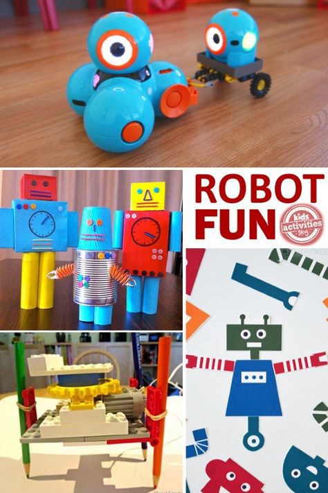 If your kids love exploring science and technology I bet they would love to explore robotics.  These are all robots that kids can make! Recycled Robot Project Diy, Robot Party Activities, Robot Crafts For Preschoolers, Recycled Robot Project, Robot Preschool, Robot Crafts, Robots Preschool, Stem Station, Robot Activity