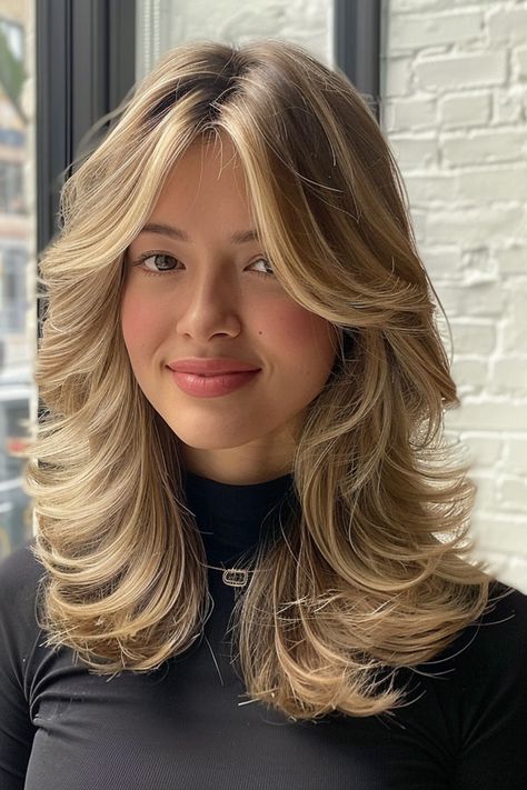 Blonde butterfly mid-length layered haircut! The blonde highlights add a sunny glow, and the soft waves give it an effortlessly chic vibe Blonde Layered Balayage, Layered Mid Length Hair, Layered Balayage, Effortless Blonde, Butterfly Layers, Hairstyles For Seniors, Mid Length Layered Haircuts, Layered Curls, Medium Length Curly Hair