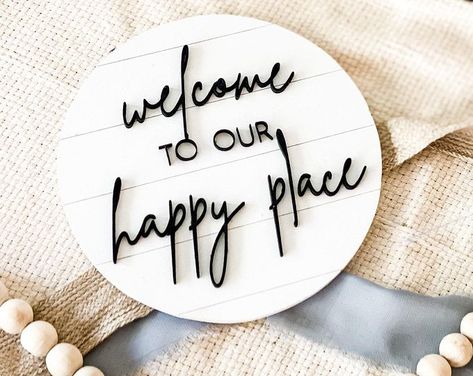 Welcome To Our Happy Place, Custom Photo Magnets, Modern Farmhouse Kitchen Decor, Computer Decal, Fridge Decor, Our Happy Place, Entry Decor, Modern Farmhouse Kitchen, Round Wood Sign