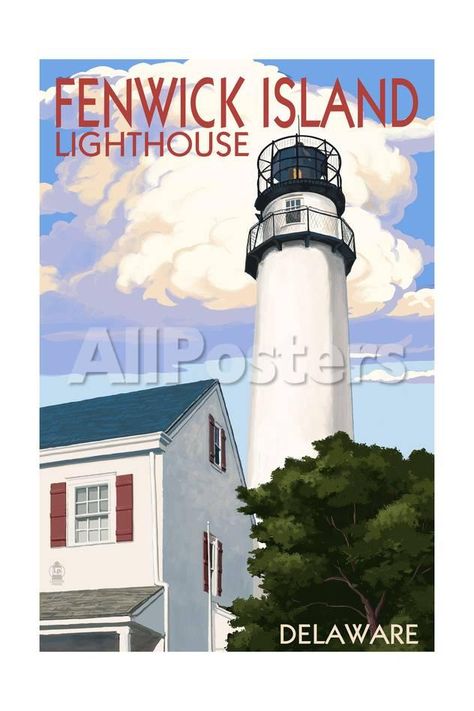 Fenwick Island, Delaware - Lighthouse by Lantern Press Landscapes Art Print - 41 x 61 cm Fenwick Island Delaware, Fenwick Island, Lighthouse Art, Retro Travel Poster, Modern Photography, Prints Art, Ocean City, Hanging Art, Delaware