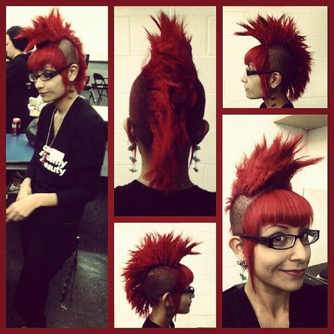 red mohawk w/ v-bangs Mohawk With Bangs, Chelsea Hawk, Reverse Mohawk, Red Docs, Red Mohawk, Wild Hairstyles, Hair Dude, Extreme Haircut, Unconventional Makeup