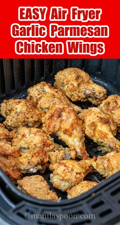 Easy Air Fryer Garlic Parmesan Chicken Wings - Manila Spoon Gourmia Air Fryer, Air Fryer Chicken Wings Recipe, Air Fry Chicken Wings, Air Fryer Garlic, Parmesan Wings, Parmesan Chicken Wings, Garlic Parmesan Chicken Wings, Air Fryer Chicken Wings, Chicken Wings Recipe