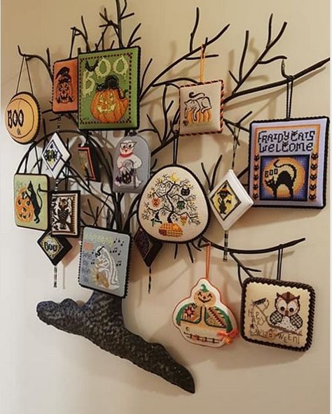 Ways To Display Cross Stitch, Cross Stitch Display Ideas, Cross Stitch Finishing Ideas, Cross Stitch Finishes, Cross Stitch Autumn, Halloween Cross Stitch Charts, Wall Tree, Halloween Cross Stitch, Fall Cross Stitch