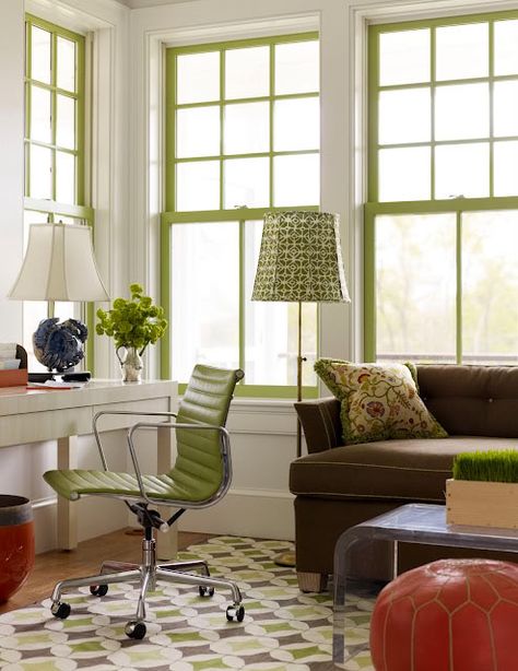 I have been wanting to do a feature on the idea of color painted window frames. It has instant impact plus it's affordable and easy. View here... Chartreuse Decor, Painted Window Frames, Interior Window Trim, Green Window, Green Windows, Interior Windows, Wall Trim, Room Color, Painting Trim