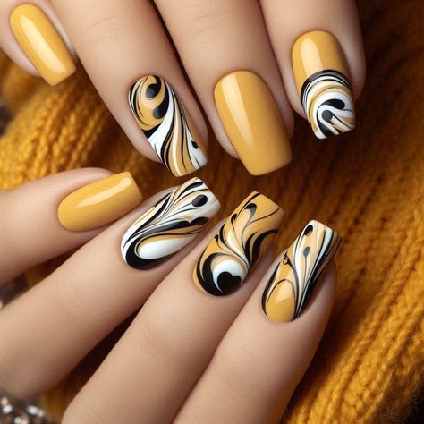 Mustard And Black Nails, Fall Nails Mustard Yellow, Mustard Nails Design, Black Yellow Nails, Mustard Yellow Nails, Mustard Nails, Cut Dog Nails, Mustard Background, Dark Nail Designs