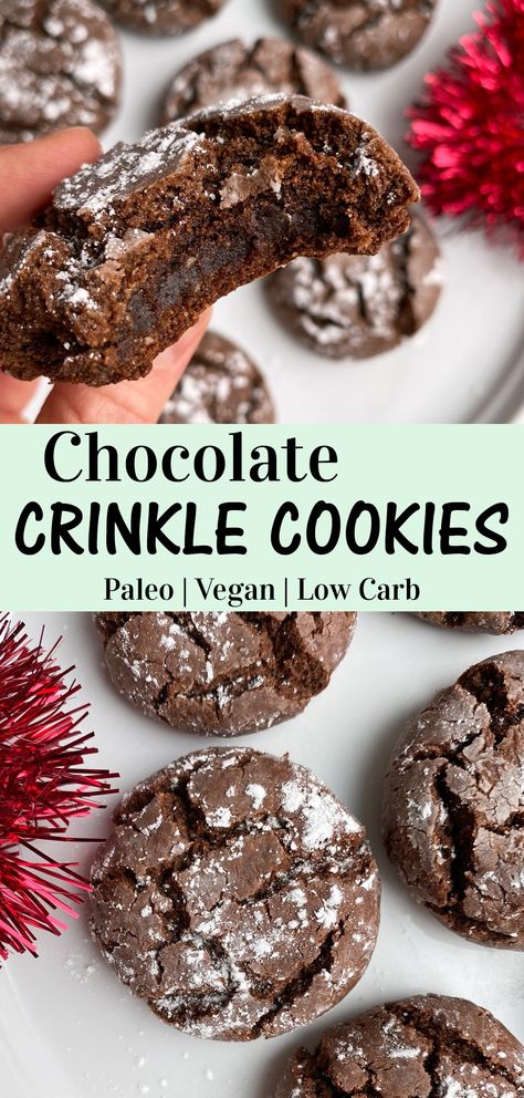 This healthy Paleo Chocolate Crinkle Cookie recipe is the perfect gluten free Christmas cookie recipe! Chewy on the inside with a crisp exterior, not too sweet, but absolutely delicious! These easy crinkle cookies are also Vegan, low carb (easily made keto) and just a few simple ingredients. #crinklecookies #chocolatecookies #christmascookies #paleo #vegan Paleo Peppermint Cookies, Easy Crinkle Cookies, Chocolate Crinkle Cookie Recipe, Gluten Free Christmas Baking, Chocolate Crinkle Cookie, Gluten Free Christmas Cookies Recipes, Chocolate Crinkle Cookies Recipe, Whole 30 Dessert, Vegan Low Carb