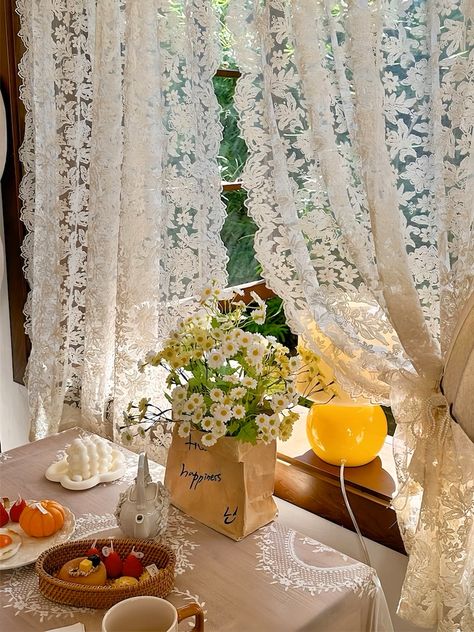 Lace Embroidered Gauze Sheer Curtain, Cream Ruffle French Country Style One Panel Window Decor Curtain - Etsy French Lace Curtains, Linen Inspiration, Vintage Lace Curtains, Quilted Curtains, Halloween Bedding, Coffee Store, Lace Curtains, Curtains Window Treatments, French Country Style