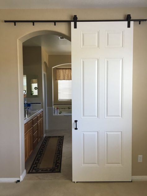 Barn Doors — Deco Door and Crown 6 Panel Sliding Door, 6 Panel Barn Door, Farm Door For Bathroom, White Barn Doors Sliding, Stairwell Mudroom, Barn Doors In The House Bathroom, Barn Doors For Bathroom, Barn Door White, 6 Panel Interior Doors