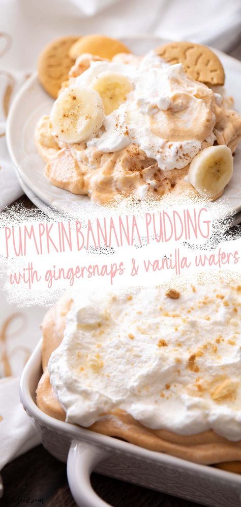 This Pumpkin Banana Pudding is made with sweetened condensed milk, gingersnaps, vanilla wafers, instant pudding mix, and pumpkin puree. It’s rich and creamy, and it’s the perfect make ahead dessert for Thanksgiving because it’s a no bake recipe. Shot Glass Desserts Recipes, Pumpkin Pudding Recipes, Condensed Milk Desserts, Vanilla Pudding Recipes, Dessert Pizza Recipes, Cool Whip Desserts, Pumpkin Puree Recipes, Hot Desserts, No Bake Pumpkin