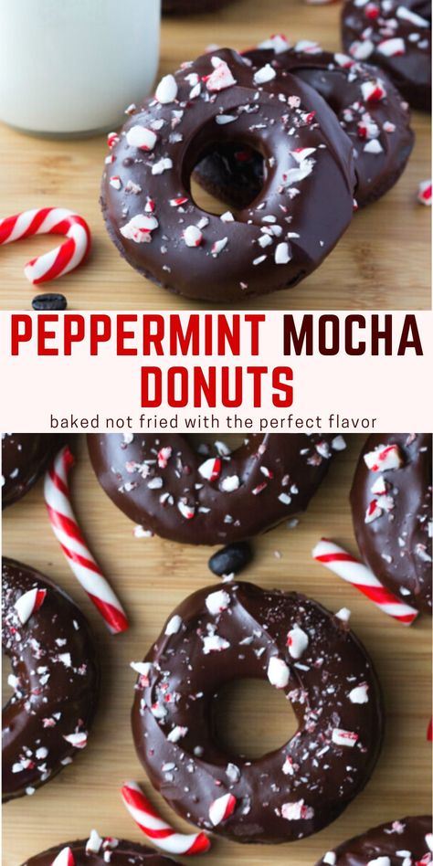 These peppermint mocha doughnuts are moist and fudgy with a delicious chocolate peppermint flavor and hint of coffee. Perfect if you love the famous Starbucks Christmas drink! #peppermint #mocha #donuts #doughnuts #christmas from Just So Tasty https://www.justsotasty.com/peppermint-mocha-doughnuts/ Holiday Donut Ideas, Christmas Baked Donut Recipes, Christmas Donuts Ideas, Holiday Donuts, Donut Flavors, Cake Donuts Recipe, Doughnut Recipe Easy, Easy Donut Recipe, Christmas Donuts