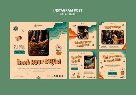 Best Canva Templates, Vintage Website Design, 70's Aesthetic, Free Business Logo, Instagram Graphic Design, Vintage Template, Business Model Canvas, Vintage Instagram, 70s Aesthetic