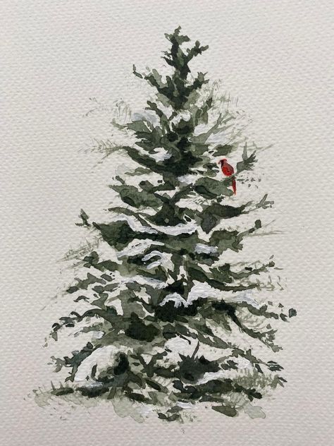 Watercolor And Ink Christmas Cards, Christmas Art Watercolor, Xmas Tree Drawing, Watercolour Christmas Tree, Winter Trees Watercolor Painting, Watercolor Christmas Trees, Winter Tree Watercolor Painting, Christmas Tree Watercolor, Gouache Christmas Card