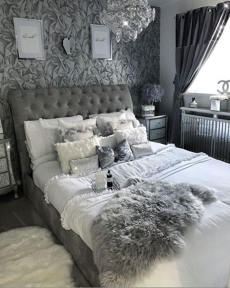 Totally Glam Decor on Instagram: “This bedroom is so dreamy!!💭💎 . . Follow @totallyglamdecor  Use #mimysglamanddesigns to get featured . . . Credit: @mysparklygreyhome . .…” Fancy Bedroom, Glam Bedroom Decor, Silver Bedroom, Grey Bedroom Decor, White Room Decor, Luxury Room Bedroom, Glam Bedroom, Classy Bedroom, Dekorasi Kamar Tidur