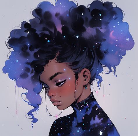 Outer Space Character Design, Woman Made Of Stars, Space Reference Drawing, Astronomy Character Design, Galaxy Clothes Drawing, Cloud Oc Art, Space Hair Drawing, Cloud Hair Character Design, Star Person Art