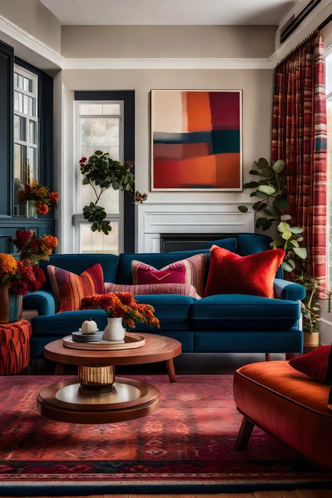 Blue And Orange Living Room, Burnt Orange Living Room, Blue Sofa Living, Blue Couch Living Room, Cabin Room, Cabin Living Room, Colourful Living Room Decor, Living Room Orange, Living Room Red