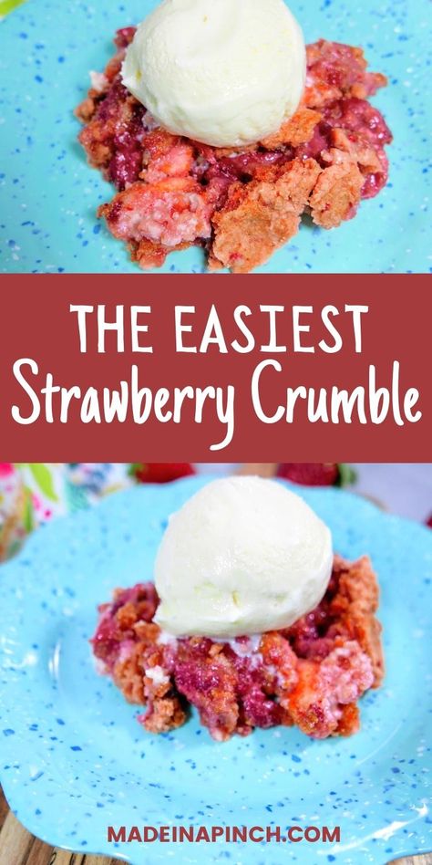 Strawberry crumble is one of the easiest (and most delicious) strawberry desserts! It uses simple ingredients to make a dish that has sweet, fresh strawberries topped with a crispy buttery sweet crust. Enjoy it warm with a scoop of ice cream! #strawberryrecipes #crumble Strawberry French Toast Bake, Family Meals Kid Friendly, Strawberry Crumble, Healthy Kid Friendly Meals, Scoop Of Ice Cream, Strawberry Bread, Fruit Crumble, Apple Dessert Recipes, Strawberry Topping