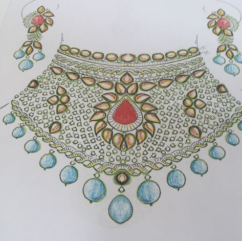 Mughal Jewelry Sketches, Jewellery Design Sketches For Beginners, Sketches For Beginners, Mughal Jewelry, Jewelry Sketches, Jewel Drawing, Paper Quilling For Beginners, Hand Beaded Embroidery, Diamond Pendants Designs