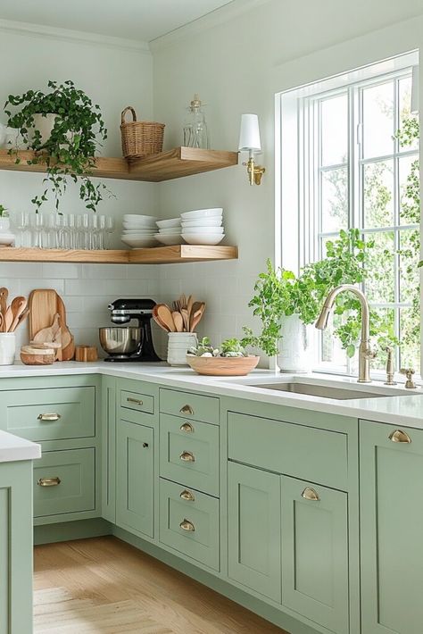 Green And Peach Kitchen, Green Kitchen Aesthetic, Light Green Kitchen, Mint Green Kitchen, Havens Kitchen, Organic Interior, Luxe Kitchen, Green Kitchen Designs, Peach Kitchen