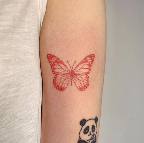 Red Ink Butterfly Tattoo, Red Ink Butterfly, Ink Butterfly, Butterfly Tattoos On Arm, Basic Tattoos, Butterfly Tattoos For Women, Small Pretty Tattoos, Red Ink Tattoos, Red Tattoos