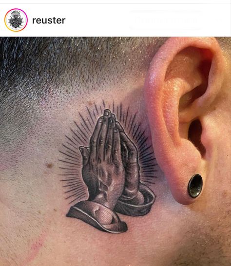 Prayer Hands Tattoo, Positivity Tattoo, Praying Hands Tattoo, Brain Tattoo, Ear Tattoo Ideas, Skull Sleeve Tattoos, Skull Sleeve, Prayer Hands, Neck Tattoo For Guys