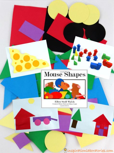 After reading Mouse Shapes by Ellen Stoll Walsh, make shape collages and build block scenes. Such a fun way to learn about shapes! Preschool Collage, Art And Craft Preschool, Collage Activities, Mouse Shapes, At Home Preschool, Shapes Lessons, Shape Activities Preschool, Mouse Paint, Shapes Kindergarten