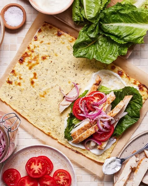 How to make the viral baked cottage cheese wrap recipe from TikTok - ABC News Flatbread Wrap Recipes, Baked Cottage Cheese, Roasted Chicken Salad, Cheese Wraps, Parmesan Crusted Potatoes, Protein Ideas, Gluten Free Wraps, Cheese Flatbread, Tiktok Food