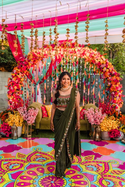 Nital & Vishal's Whimsical Garden Wedding In California Mehndi Function Decoration, Indian Wedding Night, Wedding Night Dress, Night Decoration, Custom Wedding Illustration, Whimsical Garden Wedding, Night Decor, Asian Wedding Photography, Mehndi Night