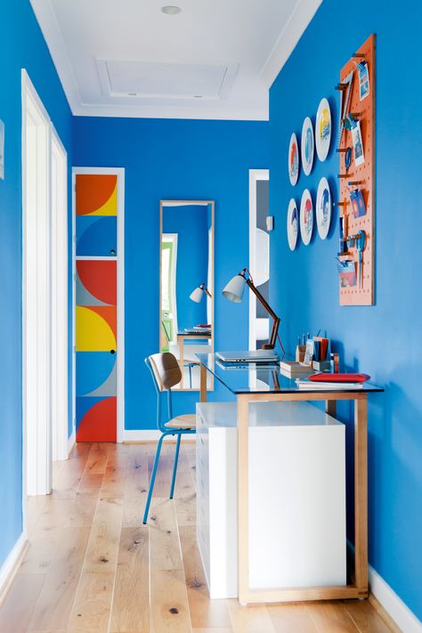 Ferm Living Wallpaper, Design Studio Space, Blue Hallway, White Cupboards, Blue Office, Bright Homes, English House, Blue Rooms, Inspiring Spaces