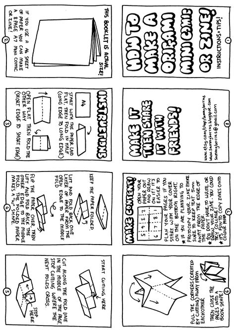 how to make a mini-zine THis is a good template, with great directions, but I liked it more before I realized that he liberally copied both text and drawings from another artist, without acknowledging his source. Zine Template, Fanzine Ideas, Outline Ideas, Mini Zine, Bookbinding Tutorial, Art Zine, Zine Design, Bookmaking, Up Book