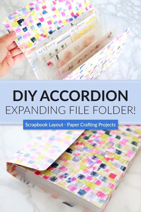 Do you want to stay organized? Try to make this DIY accordion expanding file folder! Visit mixedmedia.altenew.com for more project inspiration. #Altenew #scrapbook #scrapbooking #scrapbooklayout #papercrafting #papercrafts #crafting #papercrafting #paperlovers #arts #crafts #AltenewLayout #memorykeeping #DIYProjects Diy Accordion Folder, Diy Accordian File Folder, Diy Folders Organizer, Diy Paper Folder, File Folder Crafts, Diy File Folders, Diy File Folder, Pocket Folder Diy, Handmade Folder