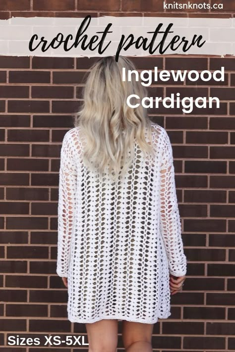 Easy, crochet, lacy cardigan pattern using Lion Brand 24/7 Cotton. Sized up to 5XL! Entire pattern is a 1-row repeat. Crochet Lace Cardigan Pattern Free Easy, Crochet Lightweight Cardigan Pattern, Lace Crochet Cardigan Pattern, Free Crochet Cardigan Patterns, Lace Cardigan Pattern, Lace Crochet Cardigan, Lacy Cardigan, Diy Crochet Cardigan, Crochet Modern