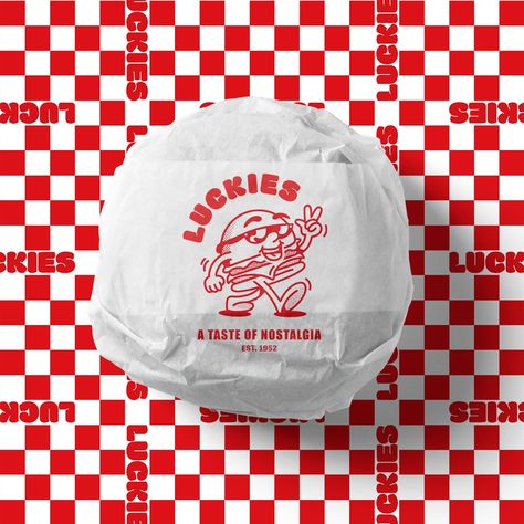 Luckies :: Behance Burger Sticker Design, Burger Shop Branding, Retro Burger Logo, Deli Branding Design, Retro Food Branding, Burger Restaurant Branding, Burger Brand Identity, Retro Brand Design, Burger Design Ideas