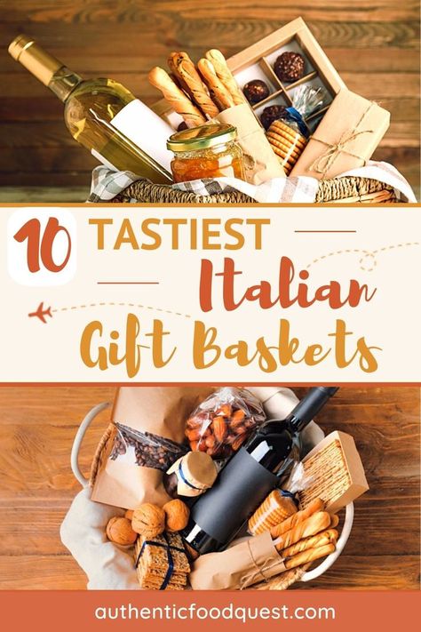 Italian gift baskets can transport your taste buds to Italy without having to board a flight. After spending six months in Italy, we carefully selected these gift baskets to bring you a taste of Italy. These baskets filled to the brim with food gifts from Italy bring one of the world’s best cuisines to your doorstep. Find Italian wine gift baskets, dedicated pasta baskets, gourmet gifts with exquisite balsamic vinegar, cheeses, Limoncello and more! | Authentic Food Quest. Pasta Gift Basket, Dinner Gift Basket, Gifts From Italy, Italian Gift Baskets, Pasta Gifts, Italian Snacks, Bread Gifts, Food Gift Basket, Week Meals