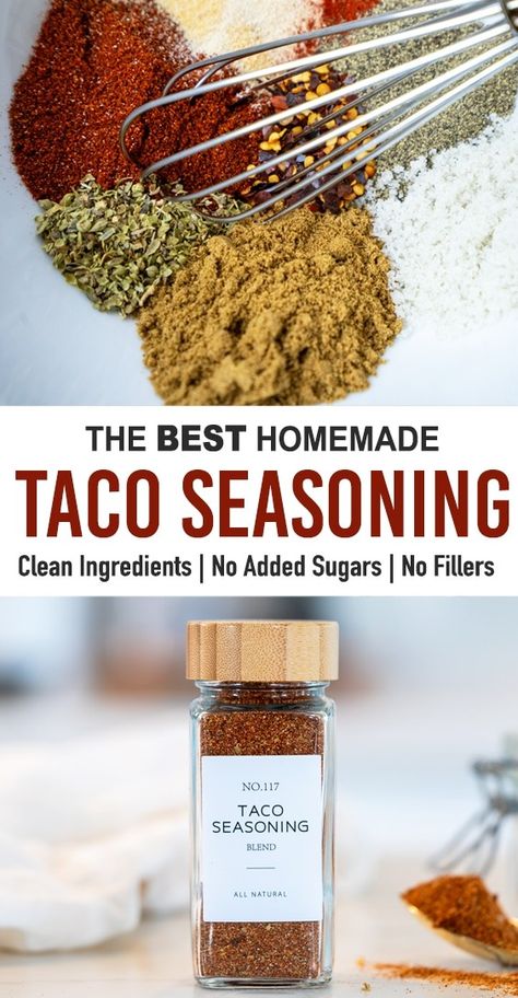 This is the BEST Homemade Taco Seasoning recipe with the perfect balance of spice and flavor. It comes together in seconds and will stay fresh at room temperature for up to 6 months. Best of all, it contains no fillers, additives, anti-caking agents, or added sugars like most store bought taco seasonings. Feel free to triple the recipe and batch prep it. You’ll never need to buy store bought taco seasoning again! Diy Taco Seasoning, Mild Taco Seasoning, Make Taco Seasoning, Homemade Taco Seasoning Mix, Homemade Taco Seasoning Recipe, Taco Seasoning Recipe, Taco Seasoning Packet, Spice Mix Recipes, Seasoning Recipe