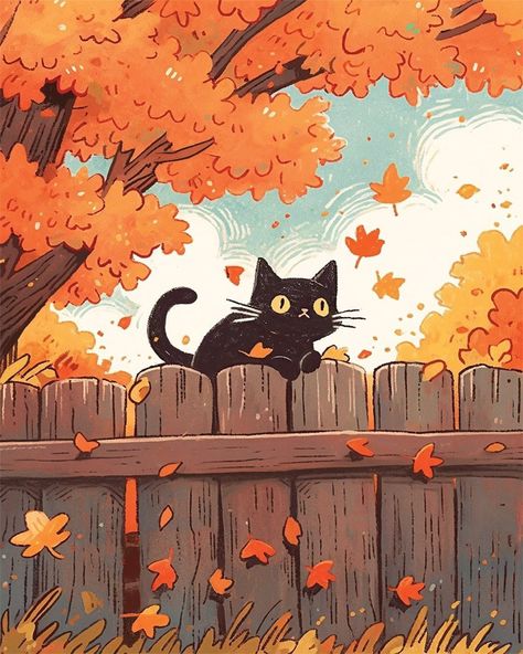 Cute October Drawings, Fall Cat Pictures, Studio Ghibli Autumn Aesthetic, Fall Black Cat Wallpaper, Autumn Background Drawing, Autumn Cat Drawing, Autumn Cat Illustration, Autumn Cat Art, Illustration Art Autumn