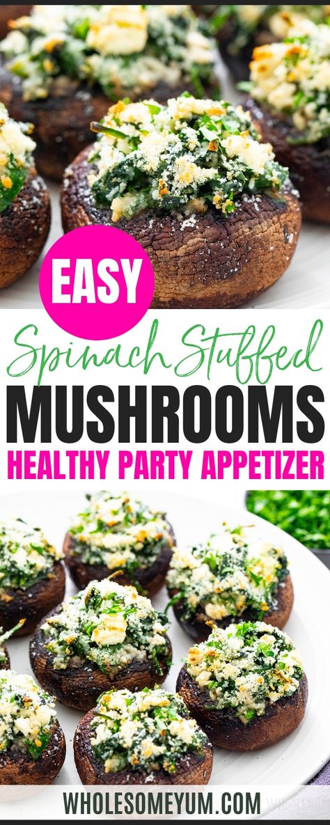 My healthy spinach stuffed mushrooms are packed with fresh spinach, creamy feta, parmesan, and garlic. An easy party appetizer or snack! Healthy Stuffed Mushrooms Clean Eating, Low Carb Mushroom Recipes, Fresh Spinach Recipes Easy, Stuffed Mushrooms Healthy, Feta Stuffed Mushrooms, Healthy Stuffed Mushrooms, Easy Stuffed Mushrooms, Spinach Appetizers, Dips Healthy