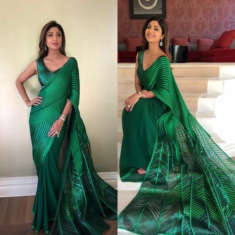 Shilpa Shetty Outfits, Mums Outfits, Deepika Wedding, Emerald Green Saree, Shilpa Shetty Saree, Amit Aggarwal, Saree Jacket Designs, Green French, Shilpa Shetty