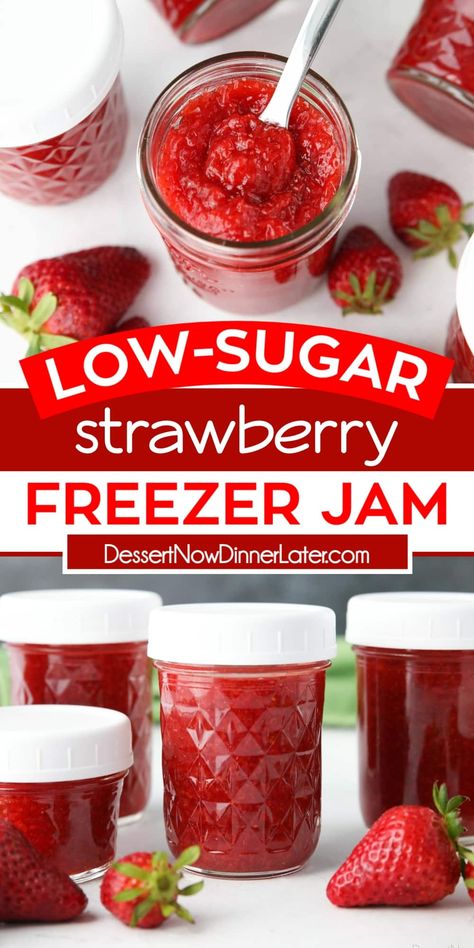 The fruity taste of strawberries really shines in this low-sugar strawberry freezer jam made easy in the microwave. Plus tips + tricks for setting jam! Low Sugar Strawberry Jam Recipe, Strawberry Freezer Jam Recipe, Thm Bread, Dolce Poche Calorie, Healthy Breads, Briana Thomas, Low Sugar Jam, Strawberry Freezer Jam, Freezer Jam Recipes