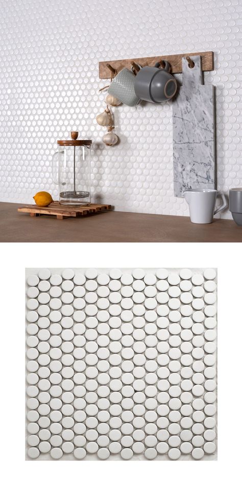 Add a contemporary new look to your wall and floor spaces by introducing these Circular White Matt Mosaic Tiles. They have a subtle matt finish. Penny round mosaic tiles on a mesh backing, they're perfect for transforming your interior spaces, and look great in a kitchen, bathroom or en suite setting. The interior world is breaking away from the square; with its two prominent shapes being the hexagon and the circle.   The individual tile size is 20mm in diameter.  There are 10.4 sheets per squ Penny Tiles Bathroom, White Mosaic Tiles, Kitchen Splashback Tiles, Penny Round Mosaic, Walk In Shower Enclosures, Round Mosaic, White Bathroom Tiles, Sliding Door Design, Penny Tile