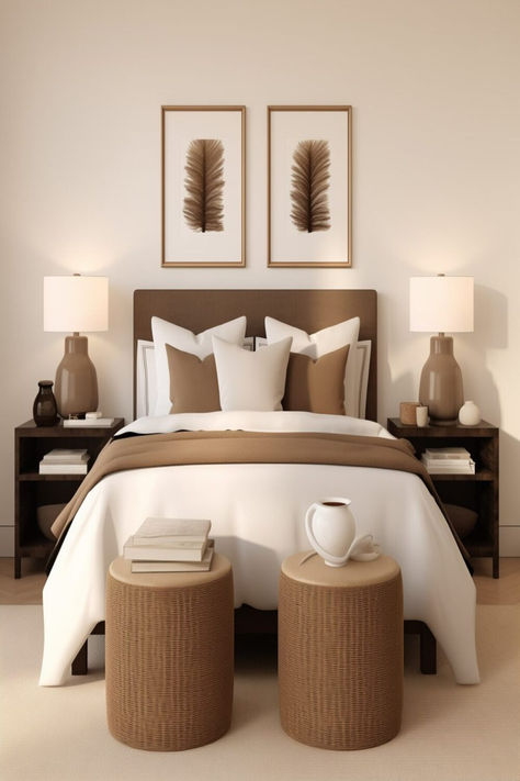 A minimalist bedroom with a large bed, brown and white bedding, and a calm, neutral color palette. Beige And Brown Bedroom Ideas, Bedroom Ideas Beige, Brown And Cream Bedroom, Tan Bedroom Ideas, Chocolate Brown Bedrooms, White And Brown Bedroom, Light Brown Bedrooms, Brown Bedrooms, Brown Bedroom Ideas