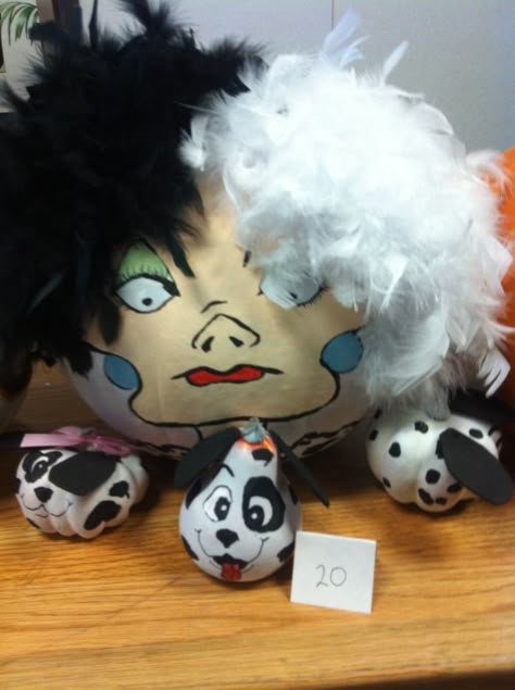 Cruella Deville Painted Pumpkin Cruella Deville Pumpkin Painting, 101 Dalmations Pumpkin Decorating, Cruella Deville Pumpkin, Pumpkin Painting Competition Ideas, Cruella Pumpkin, Disney Pumpkin Carving Patterns, Book Pumpkins, Disney Pumpkin Painting, Book Character Pumpkins