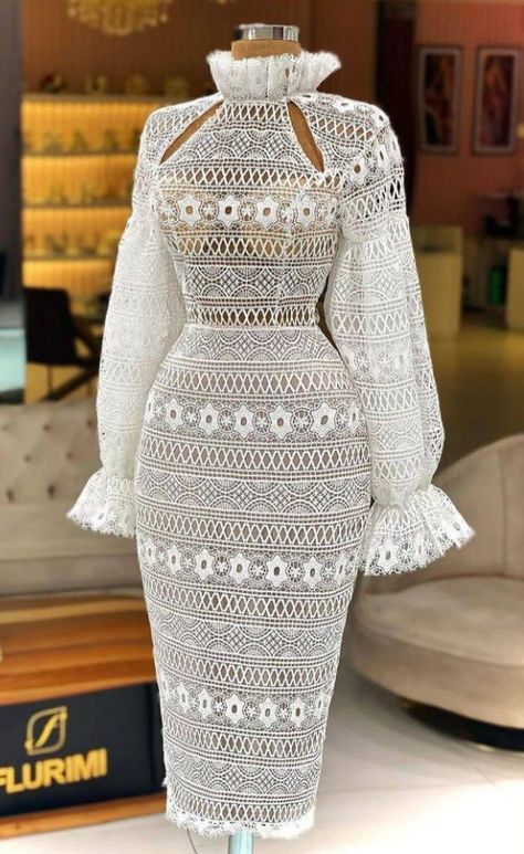 White Chic Crochet Dress For Party, Elegant White Lace Crochet Dress, White Lace Ankara Dress Styles, Luxury Fitted Crochet Lace Dress, Cord Lace Styles, White Lace Outfit, Luxury White Lace Crochet Dress, Dope Fashion Outfits, Lace Summer Dress