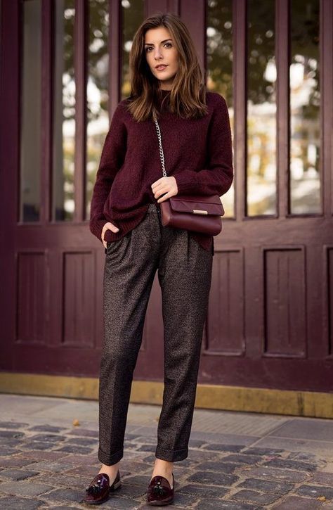 Eggplant Sweater Outfit, Plum Trousers Outfit, Aubergine Pants Outfits, Plum Outfits For Women, Burgundy Casual Outfit, Gray And Burgundy Outfit, Gray Pants Work Outfits Women, Plum Sweater Outfit, Brown And Burgundy Outfit