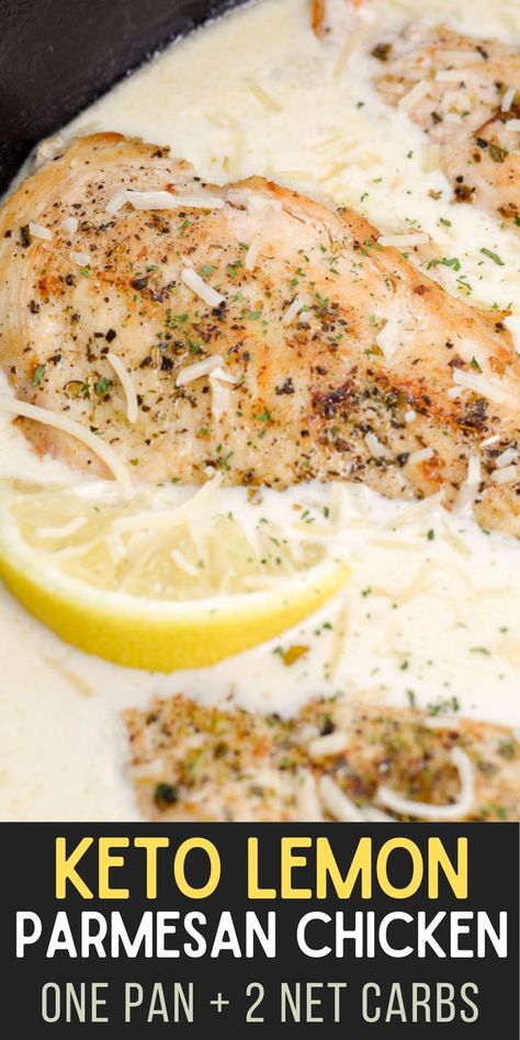 This contains: This Keto Lemon Parmesan Chicken is a one pan recipe, ready in under 30 minutes that contains just 2 net carbs per serving! Keto Chicken Scampi, Low Carb Chicken Skillet Recipes, Low Carb One Pot Meals, Keto Diet Recipes Dinners, Keto Chicken Crockpot Recipes, R3 Meals, Keto Chicken Breast Recipes, Lemon Parmesan Chicken, Keto Meats