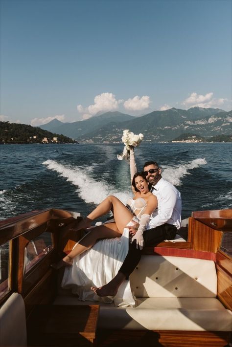 Hotel Tremezzo Lake Como, Tremezzo Lake Como, Boat Engagement Photos, Wedding Lake Como, Boat Photoshoot, Comer See, Wedding Lake, Como Lake, Yacht Wedding