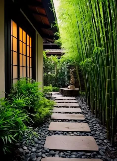 Bamboo In Garden, Zen Garden Backyard, Bamboo Bathroom Accessories, Bamboo Landscape, Bamboo Home, Japanese Garden Landscape, Mobile House, Side Yard Landscaping, Tropical Garden Design