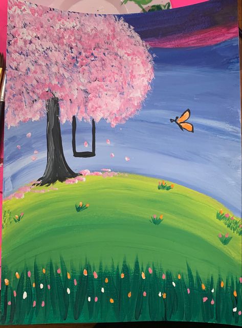 Mrtva Priroda Crtezi Olovkom, Easy Spring Drawings, Spring Landscape Painting Easy, Spring Landscape Drawing, Spring Tree Drawing, Butterfly Scenery Drawing, Tree On A Hill Drawing, Spring Trees Painting, Easy Nature Drawings