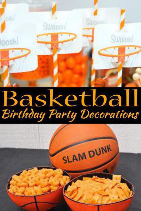 Kids Party Decorations! The best basketball party decorations. Great for birthday, end of season, backyard and more. Ideas that boys and girls both will love. Find ideas for outdoor and indoor that are simple, cheap, easy and fun for your basketball theme party. Get DIY ideas along with balloons, streamers, homemade and more. March Madness Decorations, Basketball House, Basketball Party Food, Basketball Themed Birthday Party, Basketball Party Decorations, March Madness Parties, Basketball Theme Birthday, Basketball Birthday Party, Ball Birthday Party