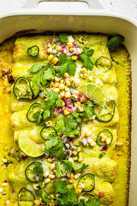 Ground Beef Enchiladas Verdes Enchiladas With White Queso, Beef Enchiladas Verdes, Easy Ground Beef Enchiladas, Creamy Enchiladas, Red Chicken Enchiladas, Creamy Enchilada, Poblano Sauce, White Queso, Weeknight Dinner Recipes